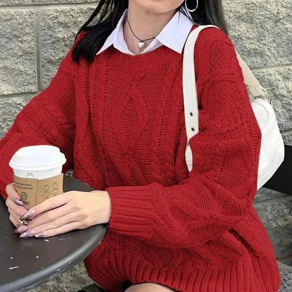 Deep Red Casual Women's Cable Knit Crew Neck Loose Long Sleeve Sweater - Picture 3 of 6